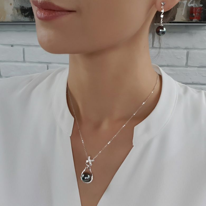 Boucles oreilles perles de Tahiti noires - Style contemporain - Or blanc - 3