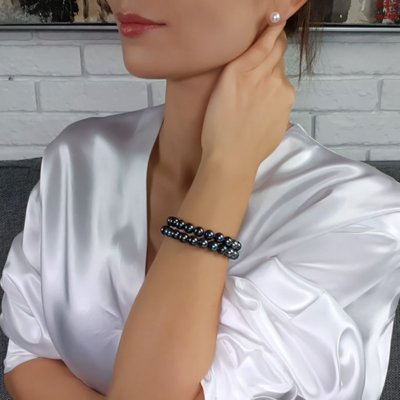 Bracelet Double Perles Eau Douce Noires - 7/7.5mm, AAA - 2