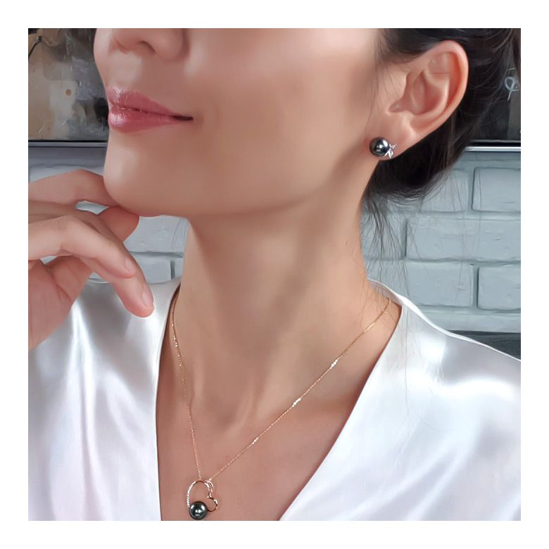 Boucles d'oreilles Bunny - Perles de Tahiti, or blanc, diamants sertis - 3