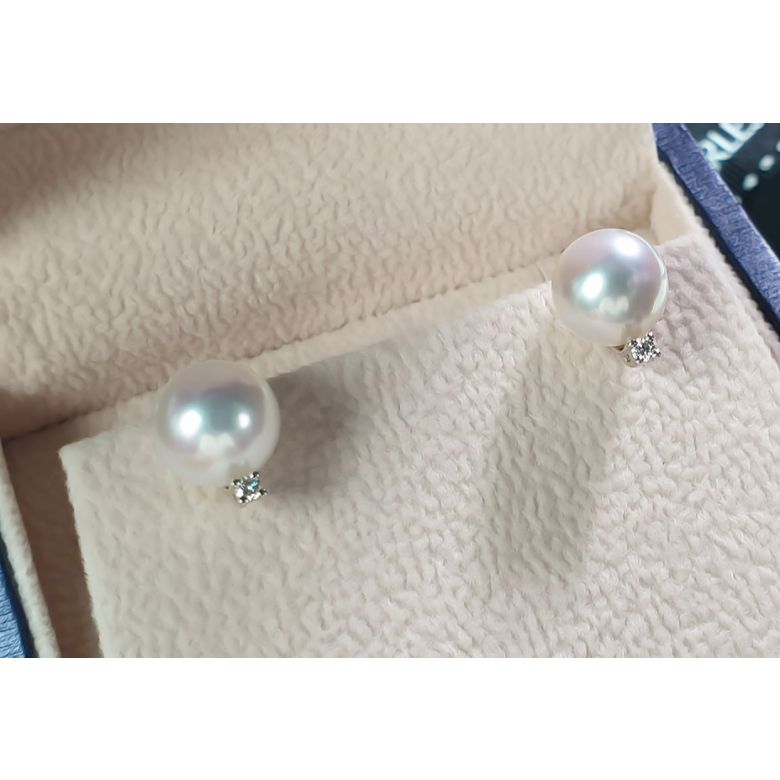 Boucles oreilles perles et puces diamants. Or blanc - 13