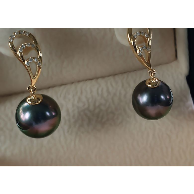 Boucles oreilles ailes de paon - Pendants or jaune - Perles Tahiti - 4