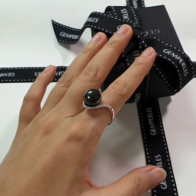 Bague Bora Bora - Or blanc, diamants - Perle de Tahiti bronze - 2