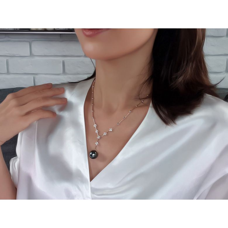 Collier pendentif or blanc, diamants et perle de Tahiti 13/14mm - 3