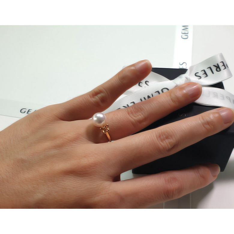 Bague anneau or jaune perle Akoya Japon. Motif Papillon - 5