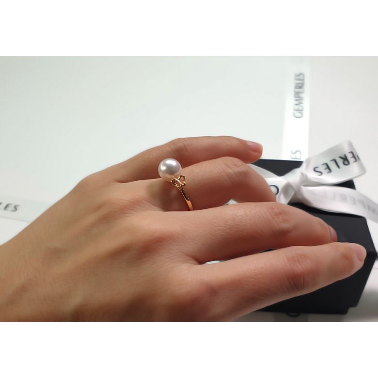 Bague anneau or jaune perle Akoya Japon. Motif Papillon - 6