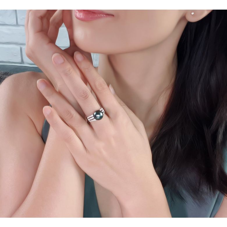 Bague perle de Tahiti - Or blanc - Pavage diamants micro sertis - 2