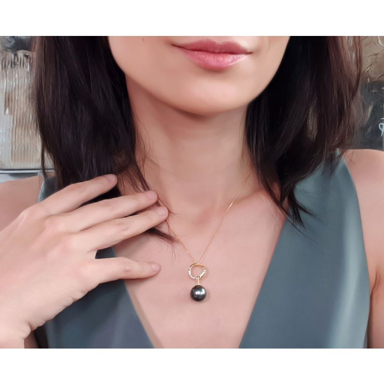 Pendentif circle - Perle Tahiti noire, bleue verte - Or jaune, diamants - 3