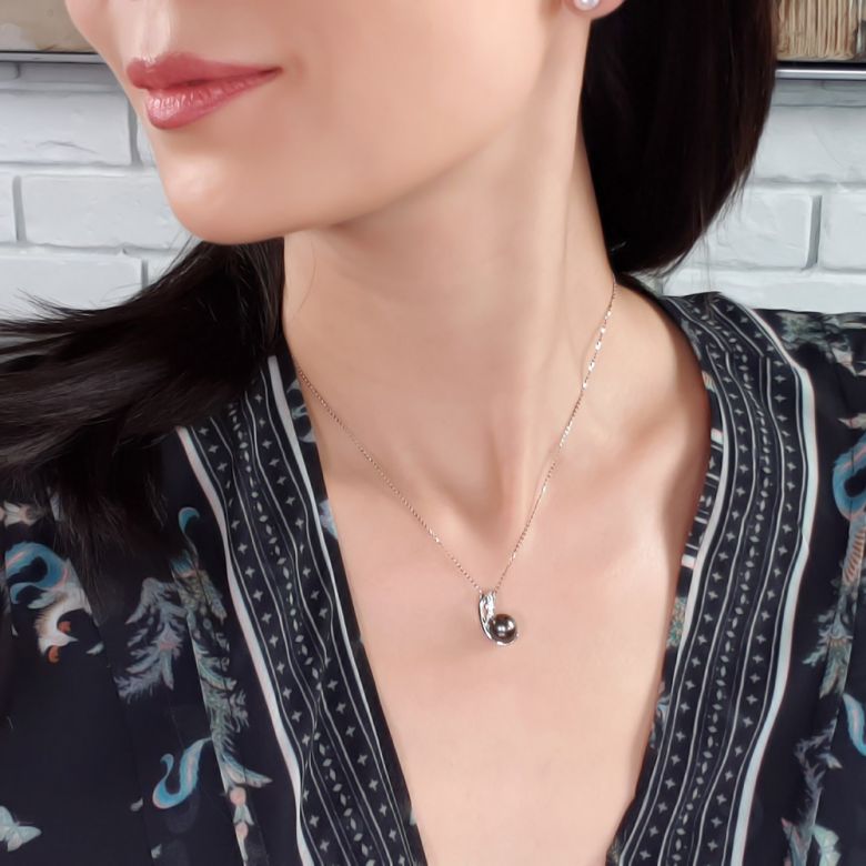 Pendentif perle de Tahiti noire - Orient paon - Or blanc, diamants - 4