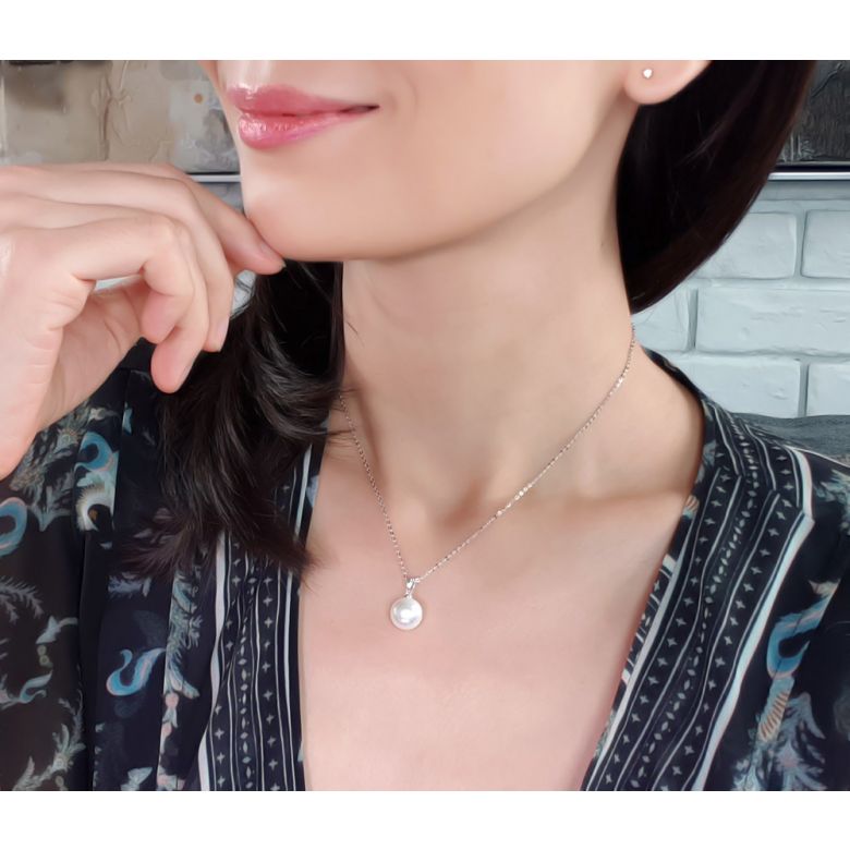 Collier une perle blanche - Pendentif or blanc - 2