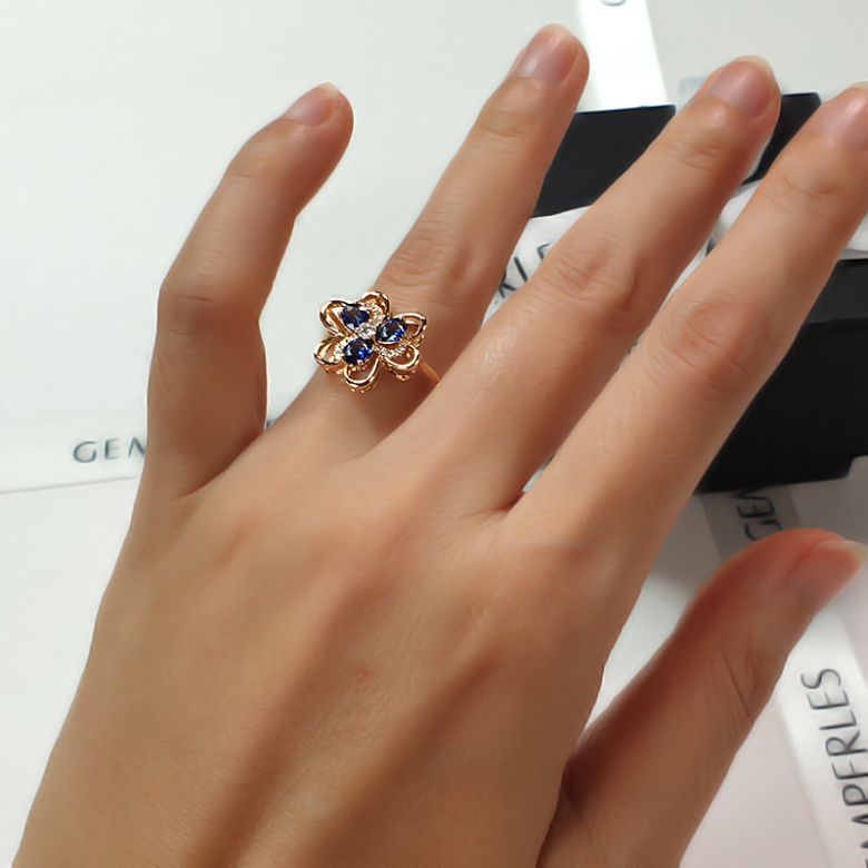 Bague fleur Or jaune fleur anémone. Diamants, saphirs - 2