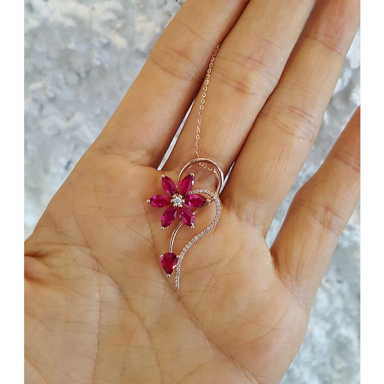 Pendentif Fleur en or rose -  Rubis et diamants sertis - 6