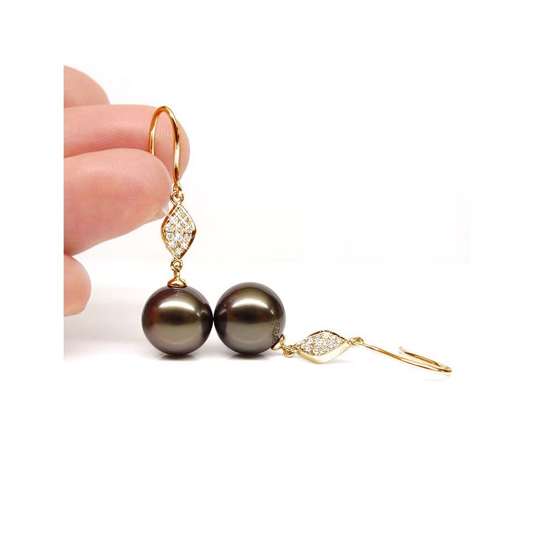 Boucles oreilles - Crochets perles de Tahiti -  Or jaune, diamants pavés - 4