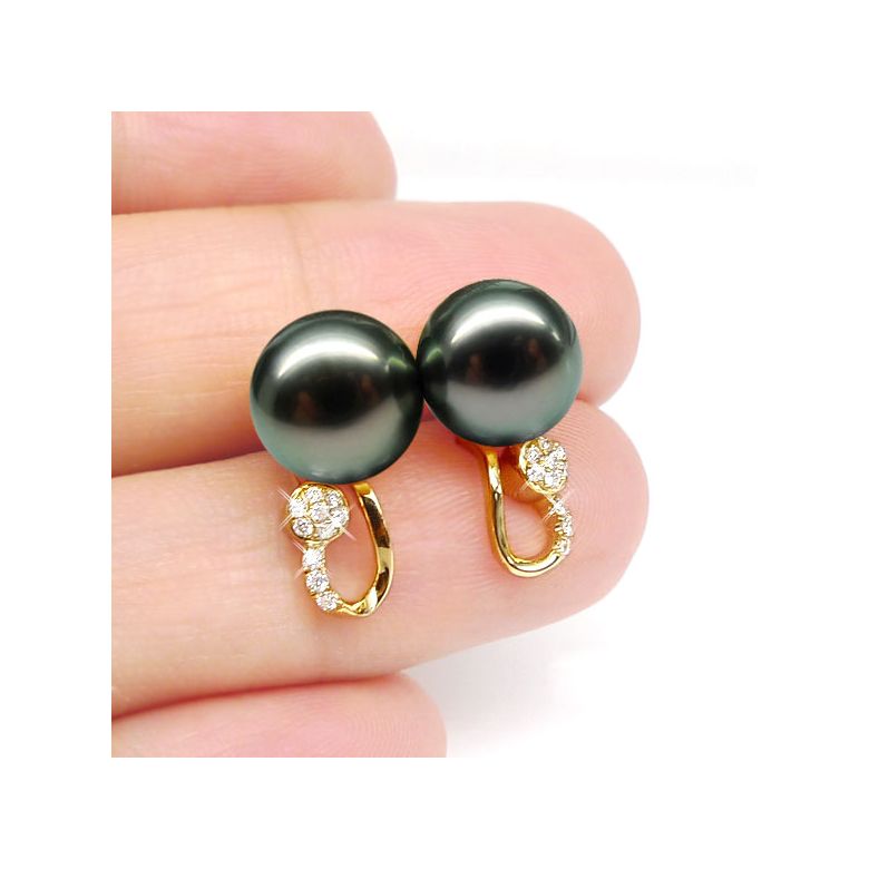 Boucles oreilles - Pendants perles Tahiti noires - Or jaune, diamants - 3