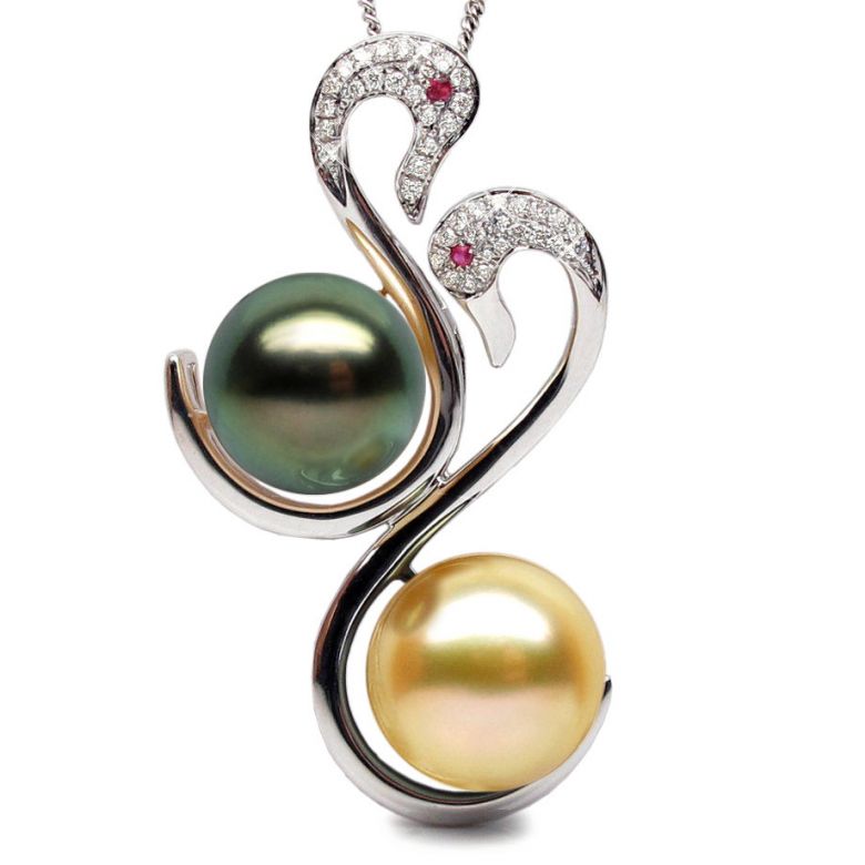 Pendentif Cygnes perles des mers du sud, Or blanc - 1