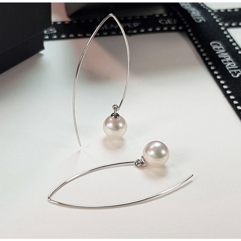 Pendant d'oreille Perle Akoya, Or blanc. Less is more. Minimaliste - 1