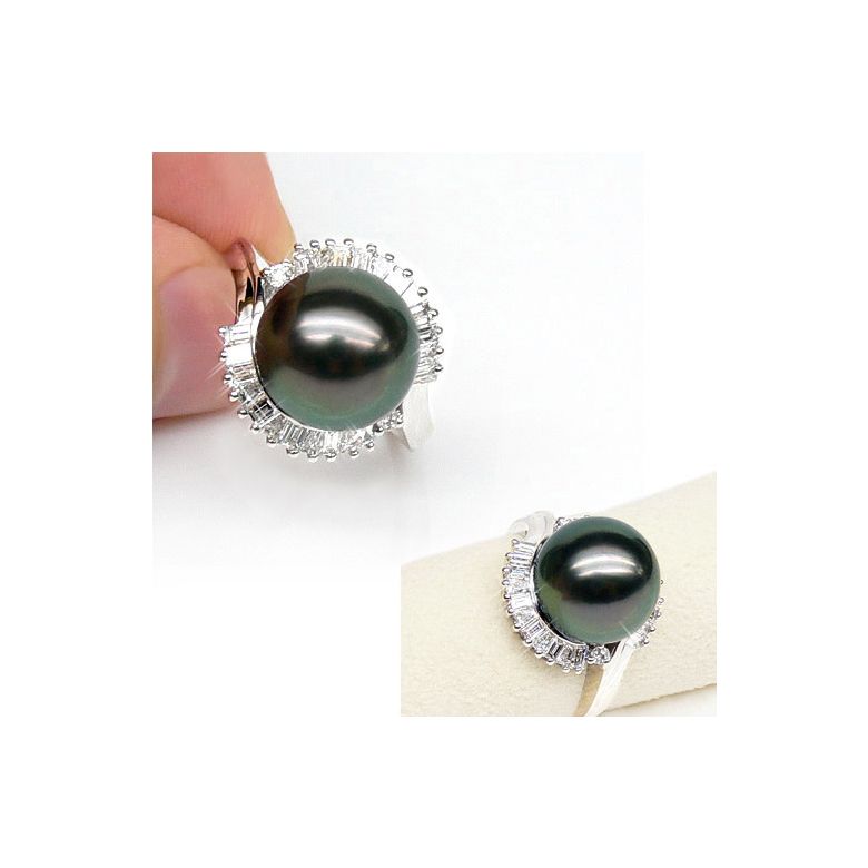 Bague couronne diamantée - Perle de Tahiti, or blanc - 1