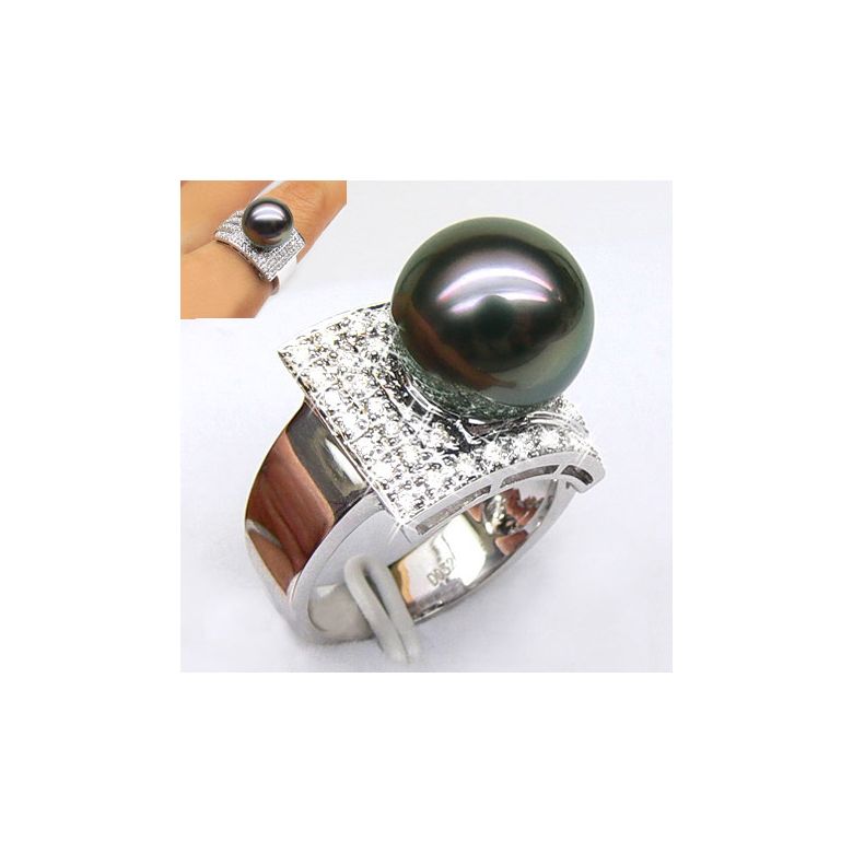 Bague style opulent - Perle Tahiti noire, bronze - Or blanc, diamants - 2