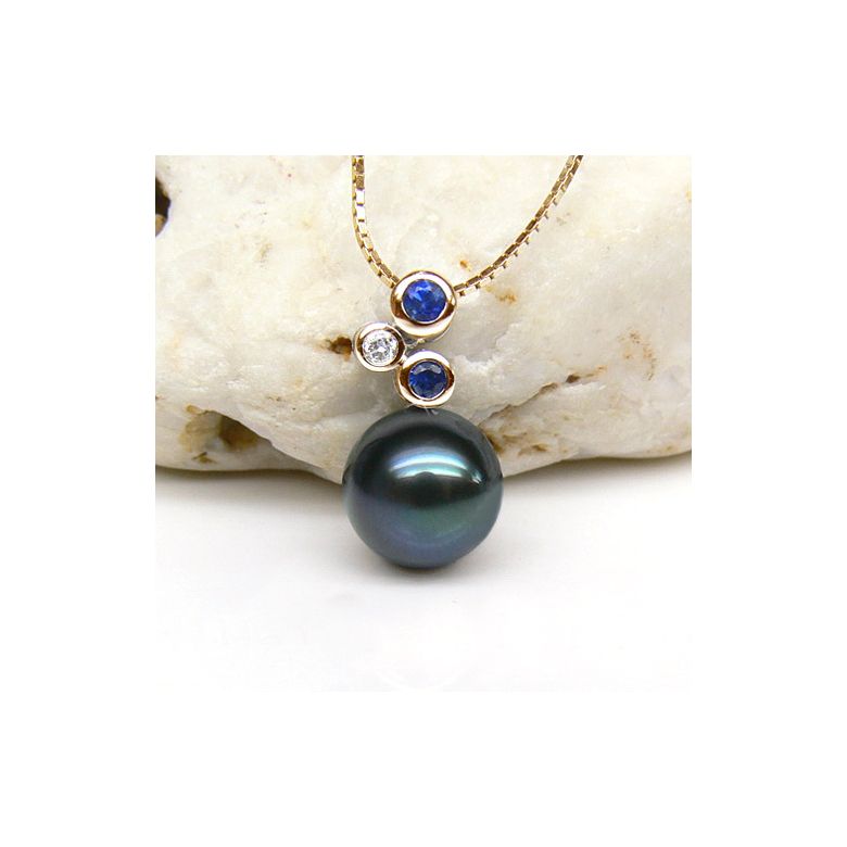 Pendentif 3 circles - Perle de Tahiti - Or jaune, diamants, saphirs - 2