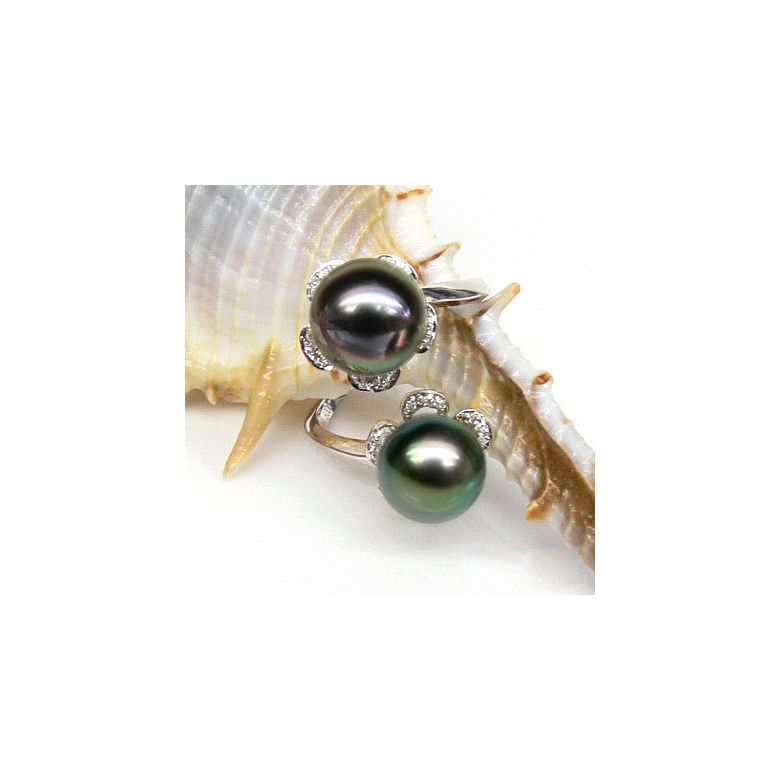 Bague You and Me - Perles Tahiti vertes, aubergines - Or blanc, diamants - 4