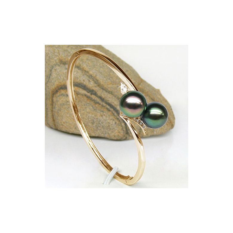 Bracelet jonc rigide or jaune - Diamants pavés - 2 perles de Tahiti - 3