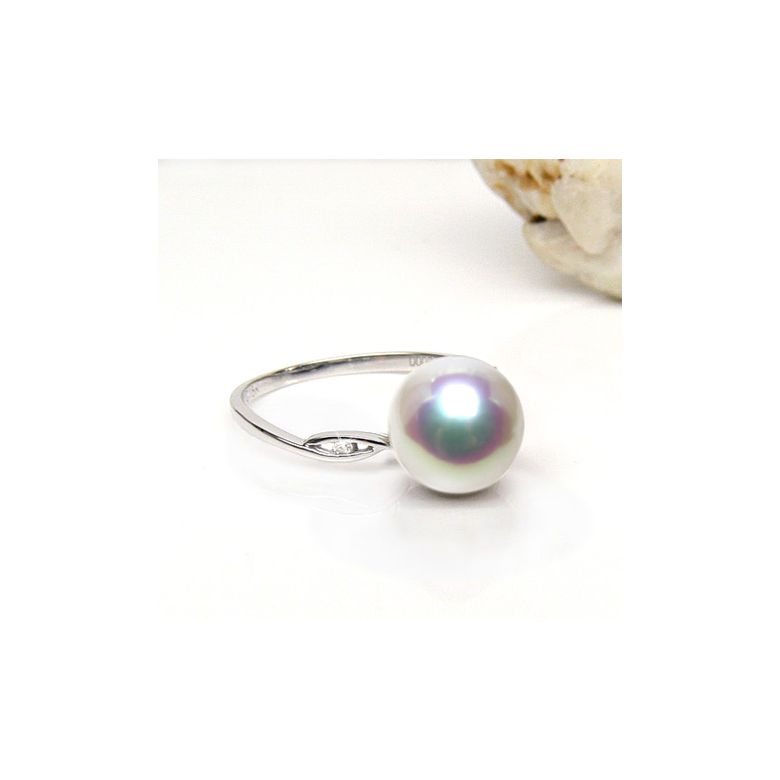 Bague or blanc - Perle Akoya blanche Japon - Diamants sertis rails