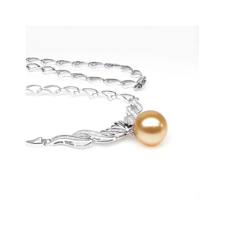 Collier or blanc maille coeur et diamants - Perle australie dorée - 3