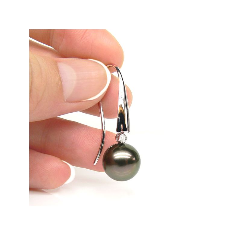 Boucles oreilles perles Tahiti - Crochets perles noires paons - Or blanc - 3
