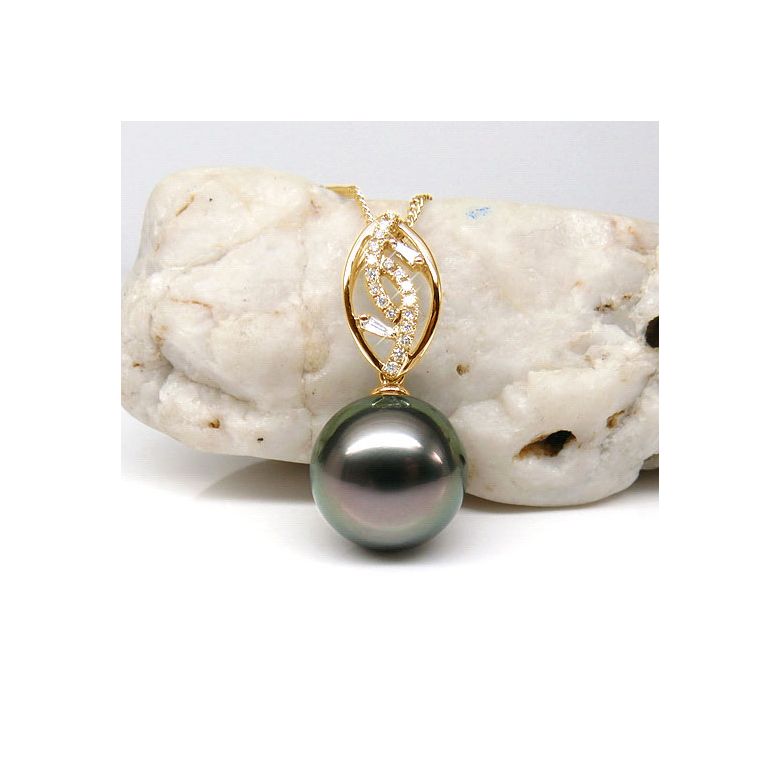 Pendentif deux feuilles - Perle de Tahiti - Or jaune, diamants - 3