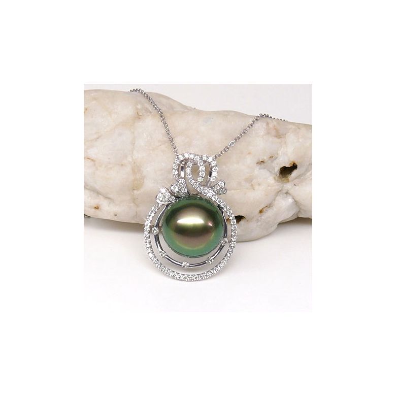 Pendentif 3 coeurs - Amour - Perle de Tahiti - Or blanc, diamants - 2