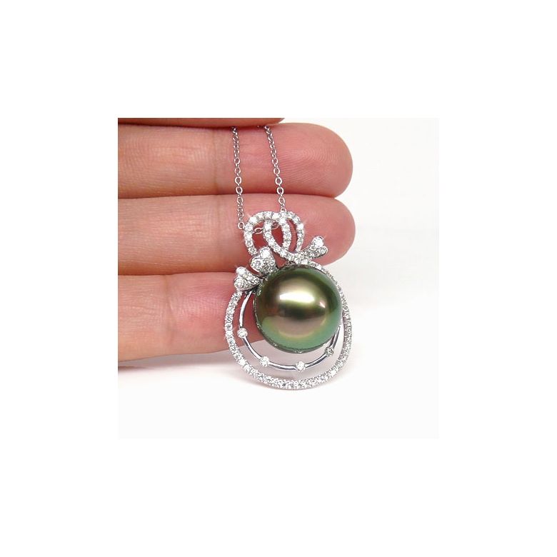 Pendentif 3 coeurs - Amour - Perle de Tahiti - Or blanc, diamants - 4