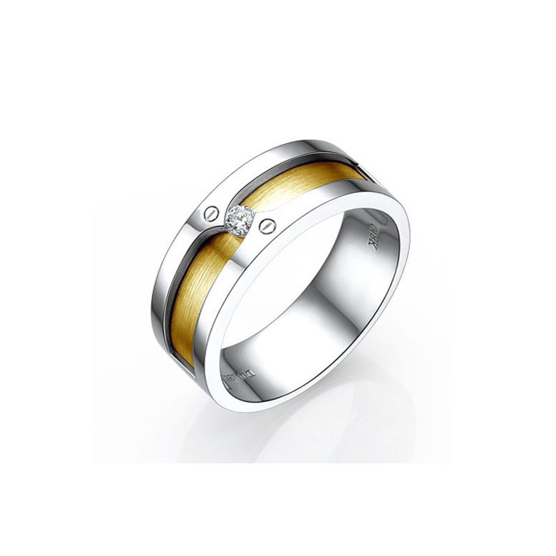 Bague homme duo d'or jaune et blanc 18cts - Diamant 0.060ct demi-clos - 1