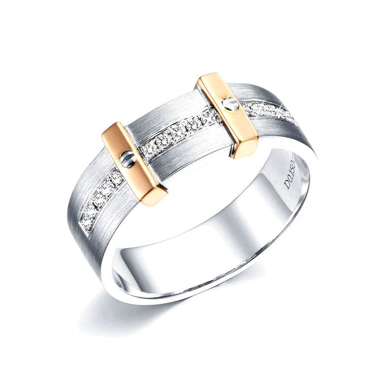 Bague pour hommes - Or blanc - Barrettes cloutées or rose - Diamants - 1