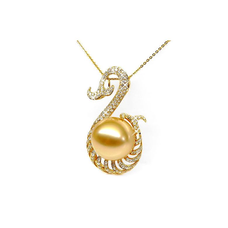 Pendentif faune aquatique - Perle d'Australie dorée - Or, diamants - 2
