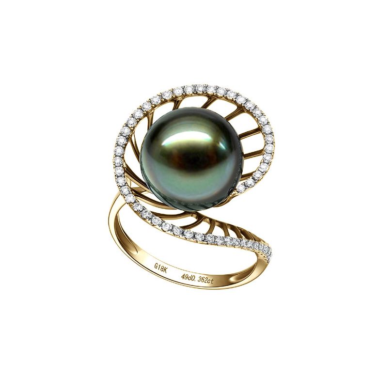 Bague or jaune de forme elliptique - Perle de Tahiti, diamants - 3