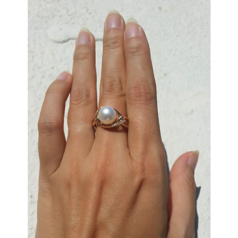Bague or jaune perle blanche eau douce - 2 anneaux unis en diamants - 2