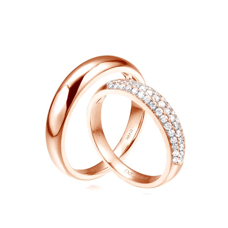 Alliances duo bombées Or rose 18 carats. Sertissage diamants - 1