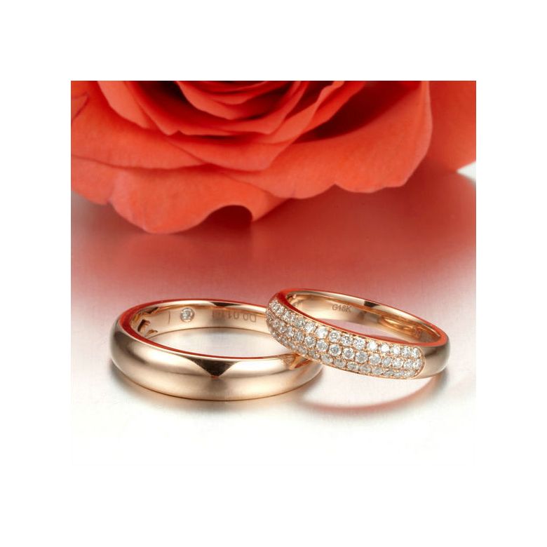 Alliances duo bombées Or rose 18 carats. Sertissage diamants - 3