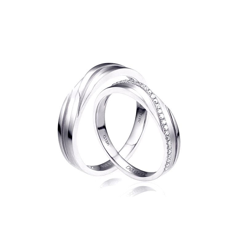 Duo d'alliances prestige - Design en diagonale -  Platine, diamants - 1