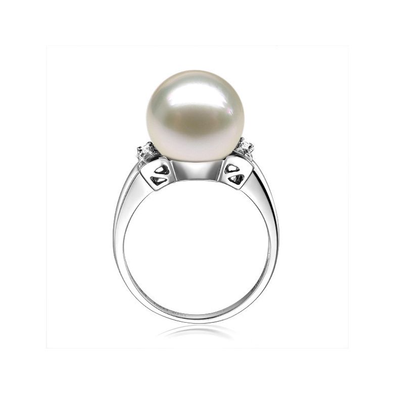 Bague or perle de culture - Perle blanche Chine - Or blanc, diamants - 5