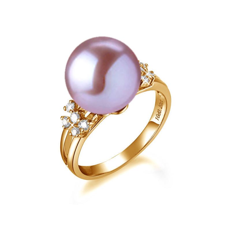 Bague anneau doublé or jaune - Perle blanche Chine et diamants sertis - 6