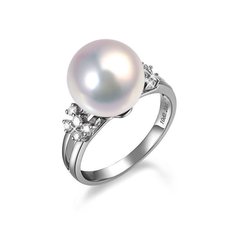 Bague double anneau lié or blanc - Perle de culture Chine - Diamants - 1