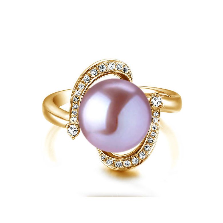 Bague voluptueuse or jaune et perle de culture blanche - Diamant pavé - 8