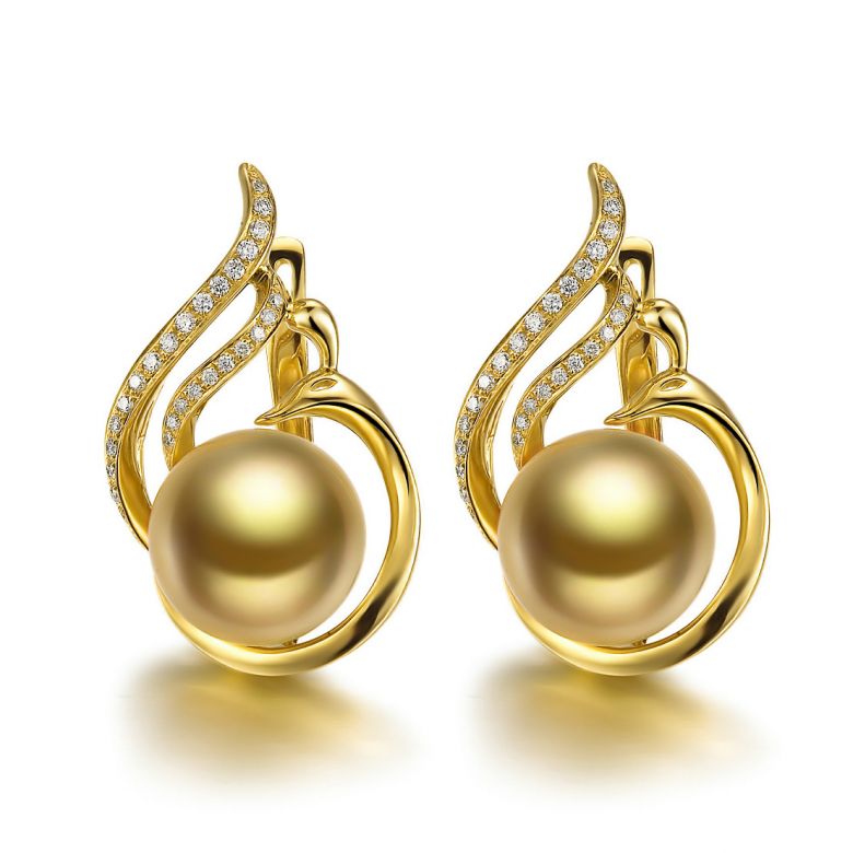 Boucles oreilles paons merveilleux - Perles dorées, diamants, or jaune - 1