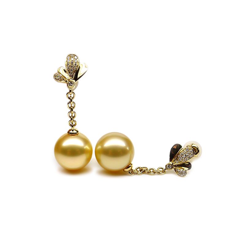 Boucles oreilles perles Australie or jaune, diamants - Jardin d'Eden - 1