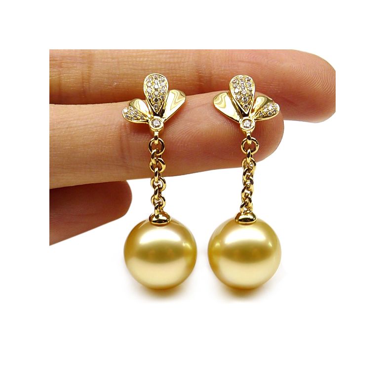 Boucles oreilles perles Australie or jaune, diamants - Jardin d'Eden - 2