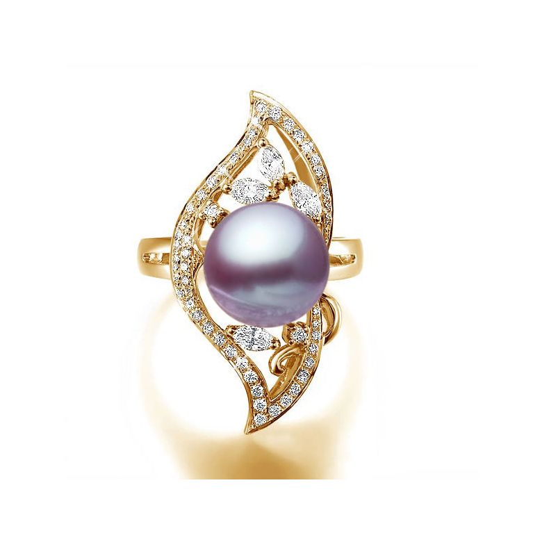 Bague végétale or jaune - Perle eau douce lavande de culture, Diamants - 2