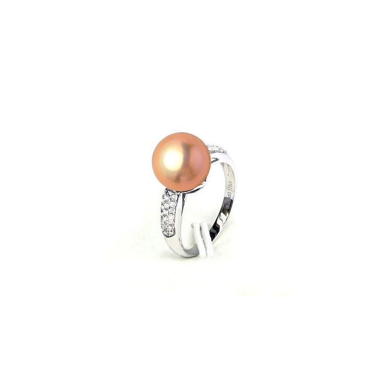 Bague en Perle Culture Eau Douce Rose. Or Blanc Diamants - 2