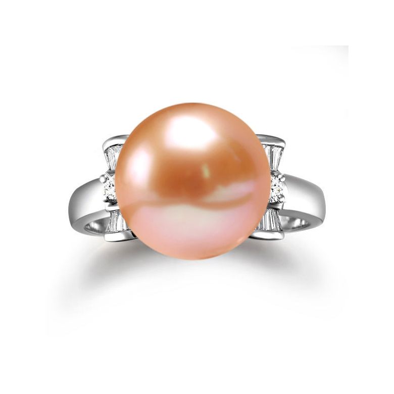 Bague or blanc nouée de diamants - Perle d'eau douce rose  - 3