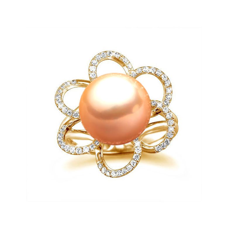 Bague fleur - Or jaune, diamants et perle rose - 3
