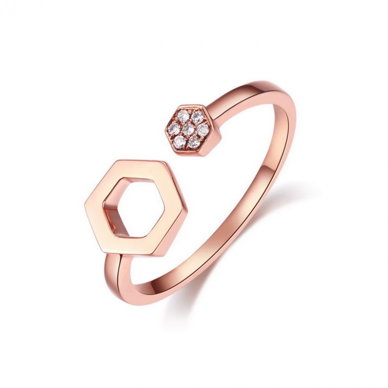 Bague ouverte hexagone. Or rose 18cts, diamants 0.030ct - 2